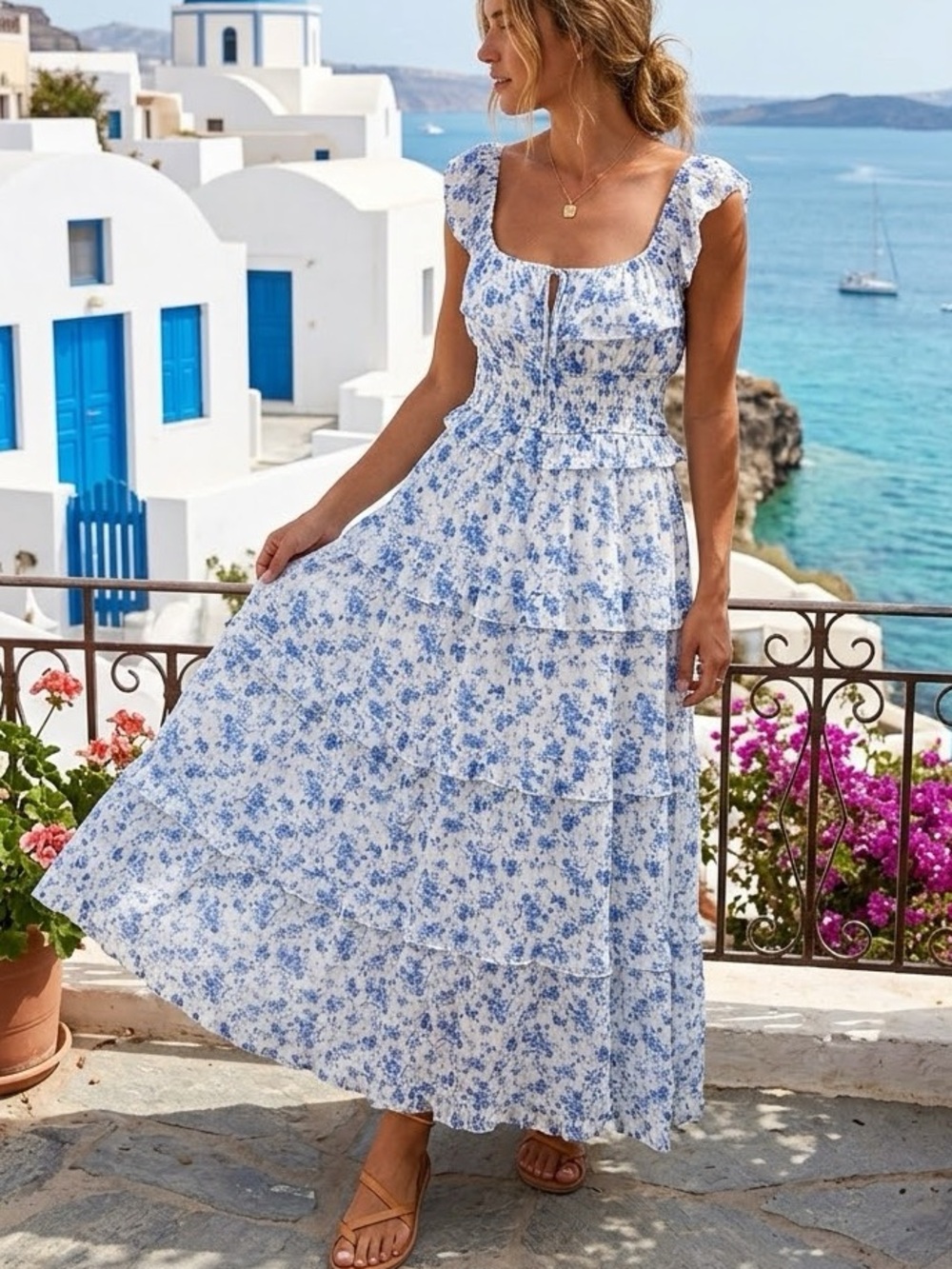 Altar'd State | Blue White Floral Silver Metallic Thread Tiered Maxi Dress